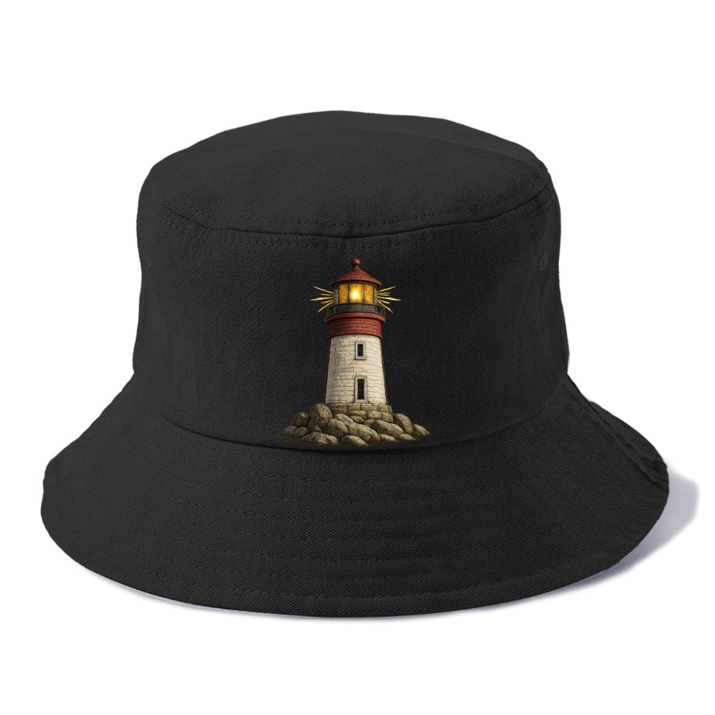 Shining Lighthouse On A Rocky Shore Bucket Hat