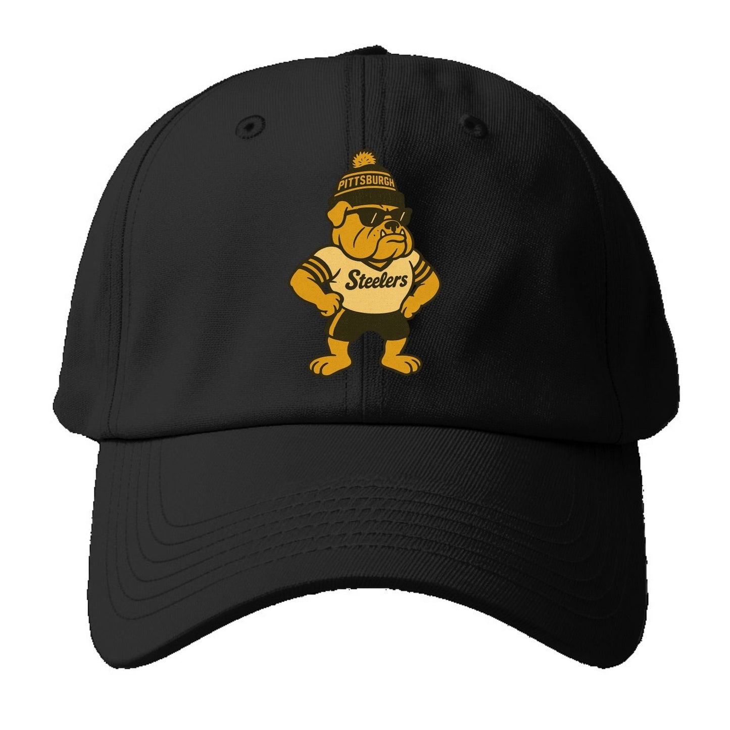 Pittsburgh Bulldog wearing Steelers black and gold beanie with pom pom and wayfarer - Baseball Cap