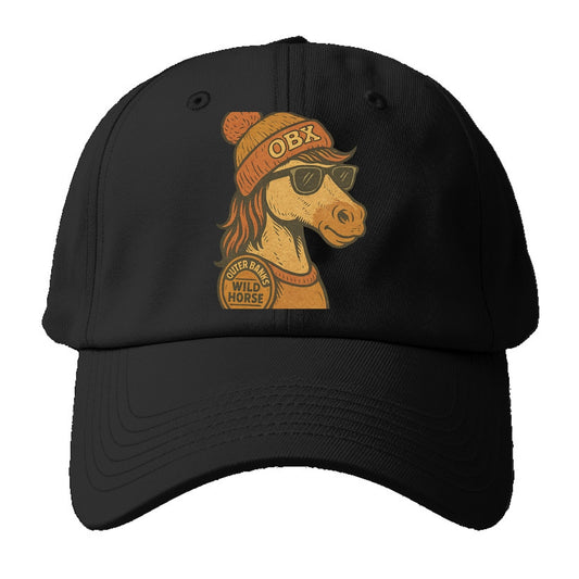 Outer Banks Wild Horse wearing OBX beanie with pom pom and wayfarer sunglasses - Baseball Cap