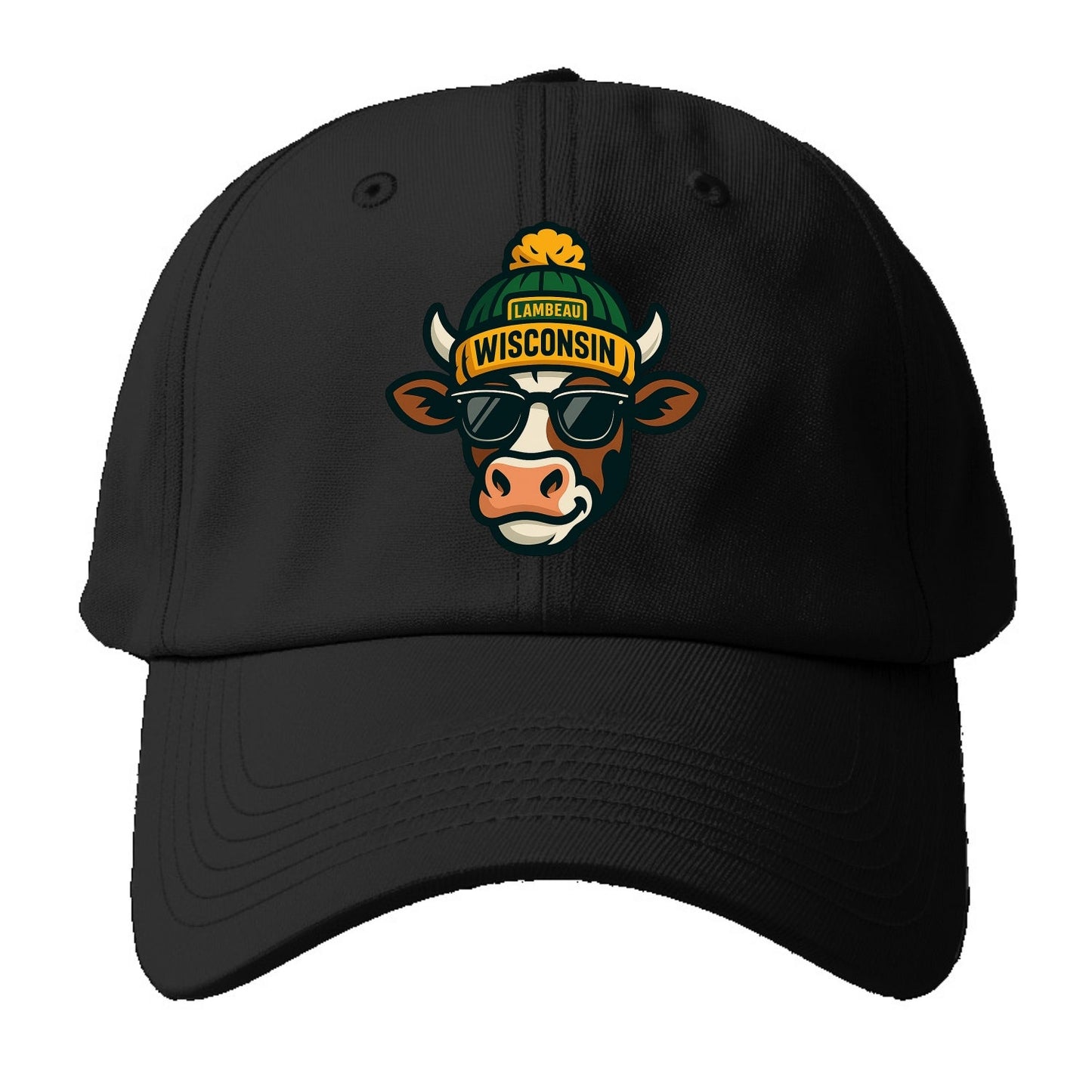 Wisconsin Cow wearing Packers beanie with Lambeau patch and wayfarer sunglasses - Baseball Cap
