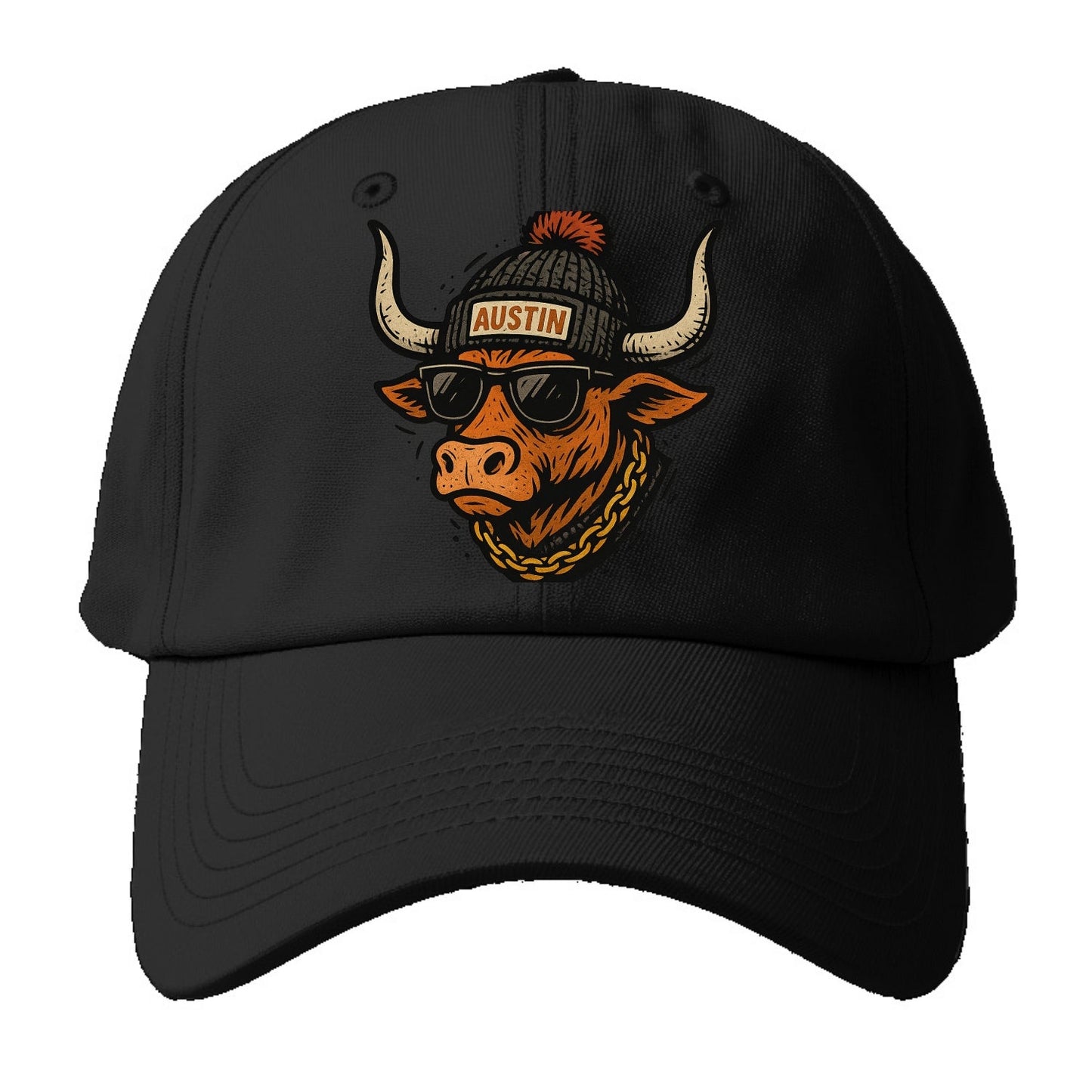 Texas Longhorn wearing Austin beanie with pom pom and wayfarer sunglasses - Baseball Cap