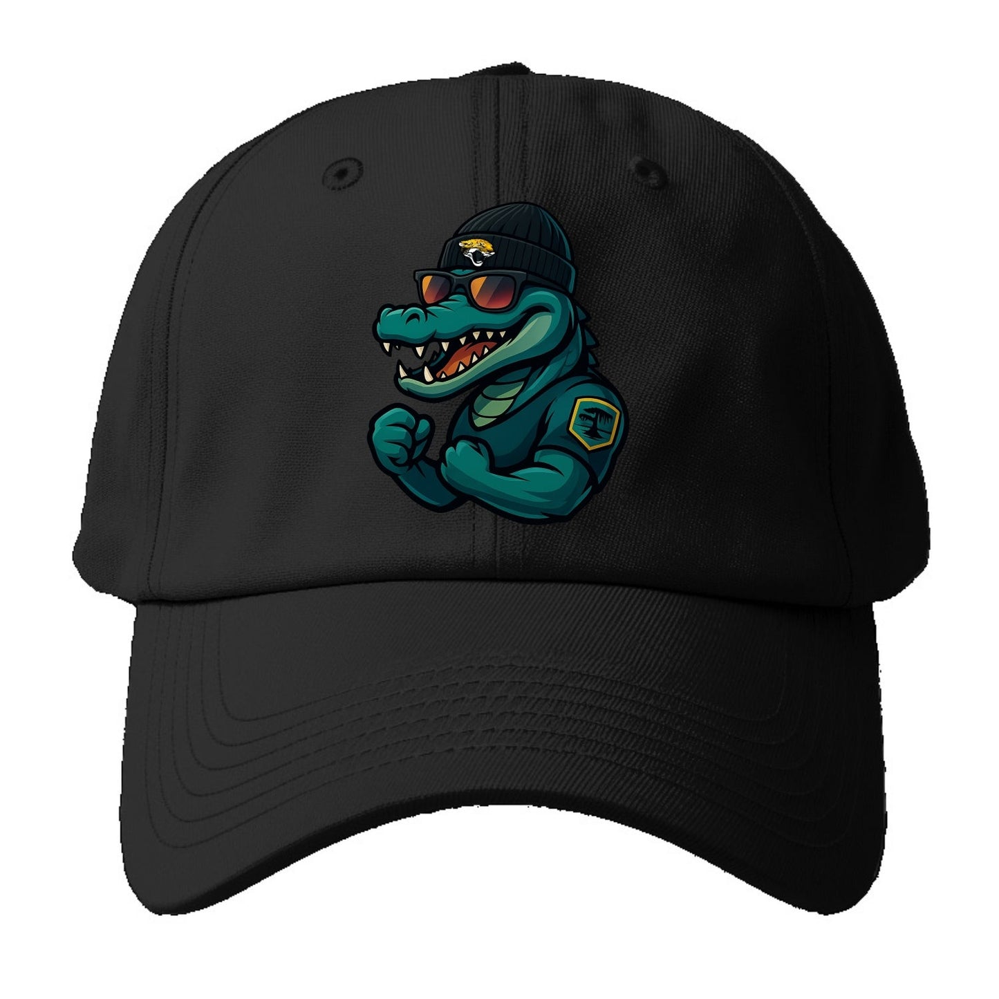 Jacksonville Alligator wearing Jaguars beanie with swamp patch and wayfarer - Baseball Cap