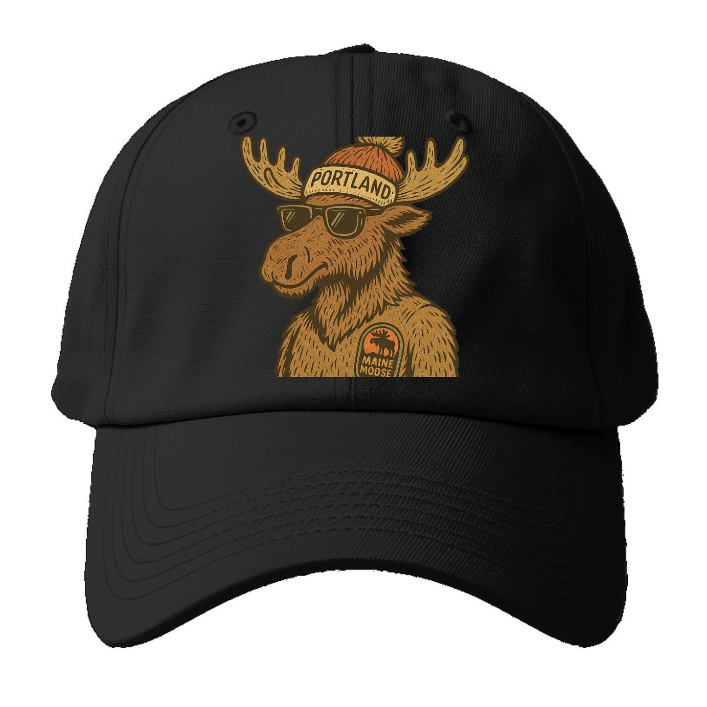 Maine Moose wearing Portland beanie with pom pom and wayfarer sunglasses - Baseball Cap