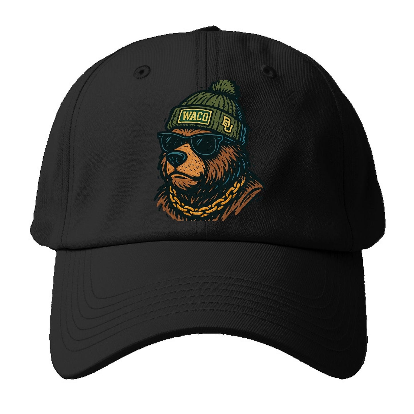 Waco Bear wearing Baylor beanie with BU patch - Baseball Cap