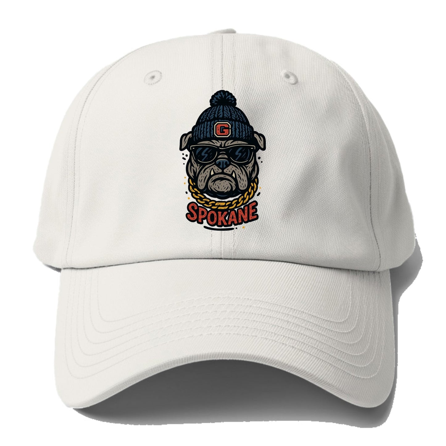 Spokane Bulldog wearing Gonzaga beanie with G patch - Baseball Cap