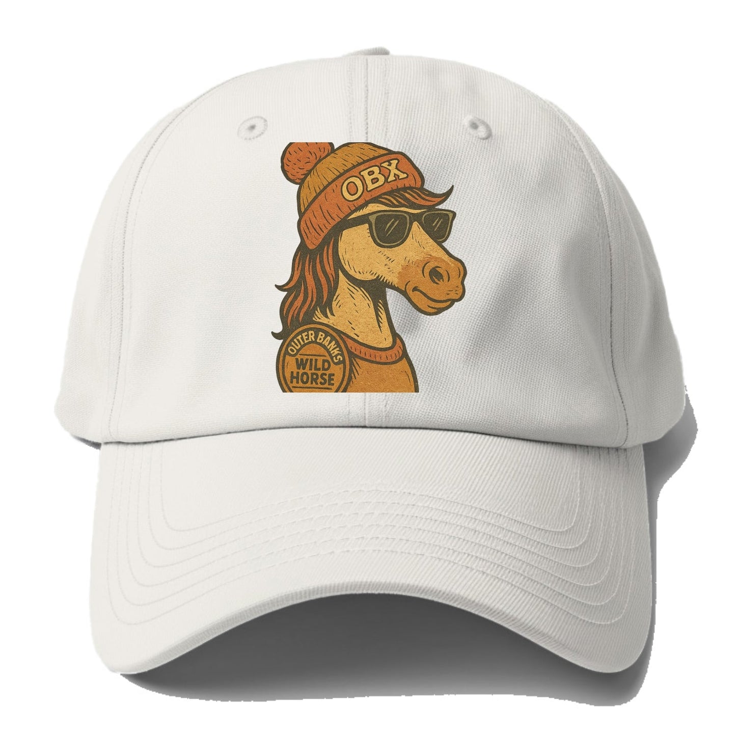 Outer Banks Wild Horse wearing OBX beanie with pom pom and wayfarer sunglasses - Baseball Cap