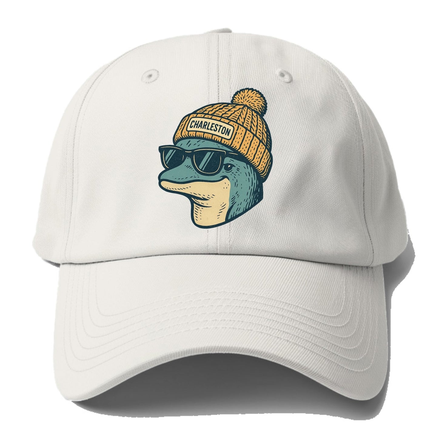 Charleston Dolphin wearing Charleston beanie with pom pom and wayfarer sunglasses - Baseball Cap