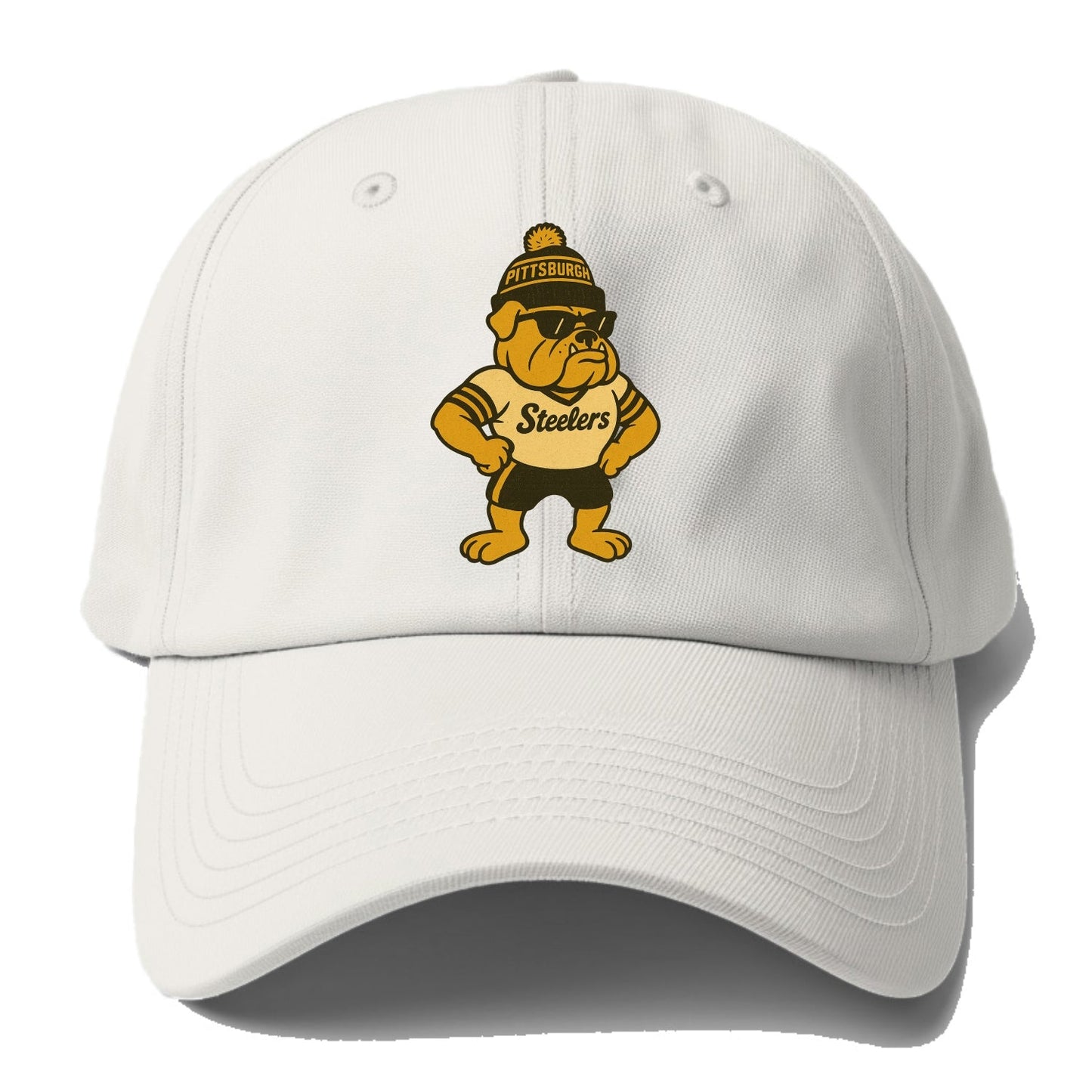 Pittsburgh Bulldog wearing Steelers black and gold beanie with pom pom and wayfarer - Baseball Cap