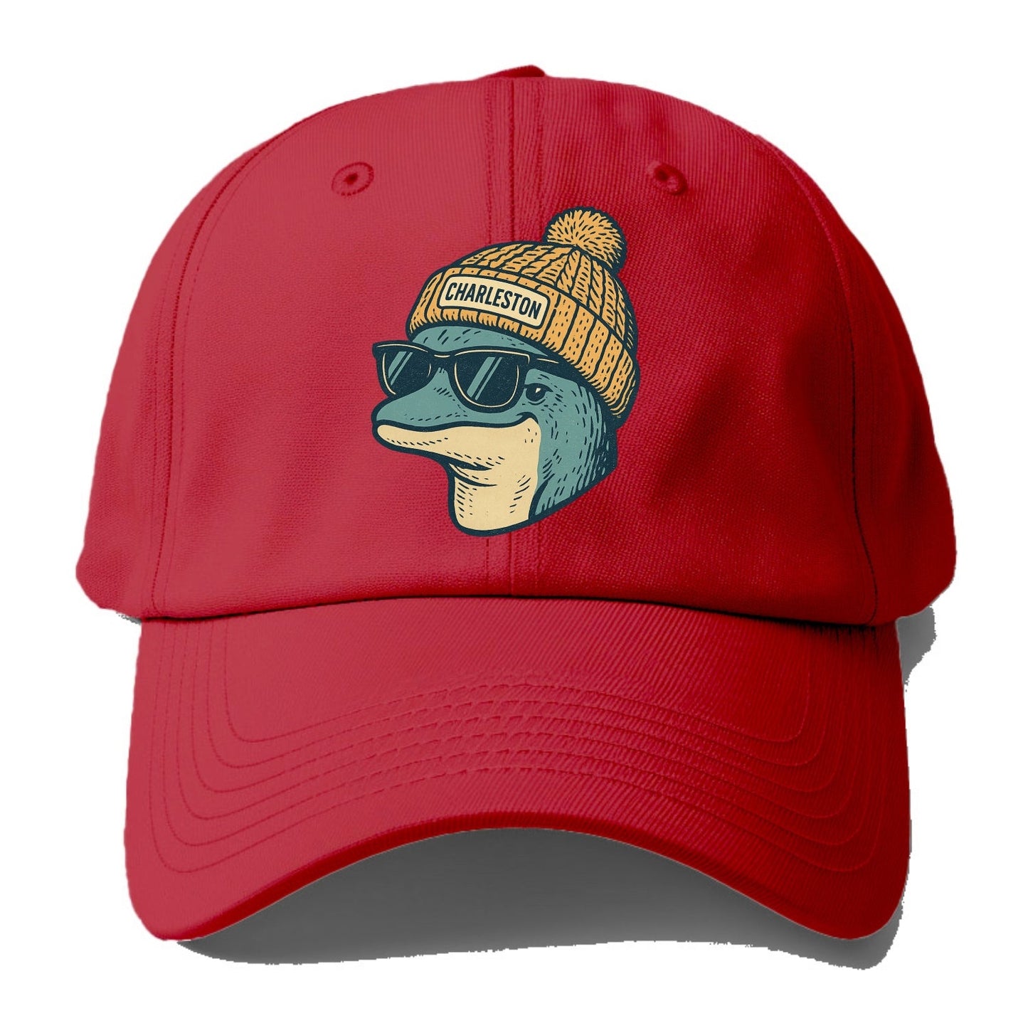 Charleston Dolphin wearing Charleston beanie with pom pom and wayfarer sunglasses - Baseball Cap