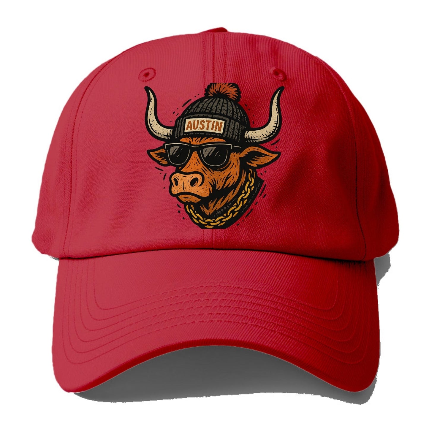 Texas Longhorn wearing Austin beanie with pom pom and wayfarer sunglasses - Baseball Cap