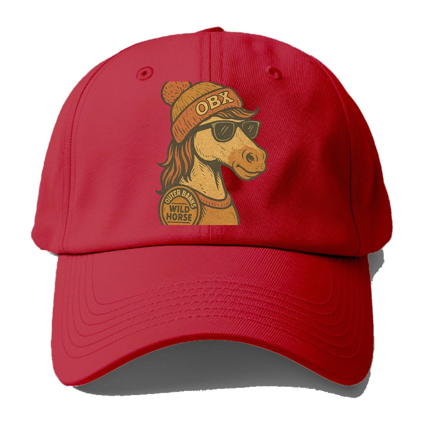 Outer Banks Wild Horse wearing OBX beanie with pom pom and wayfarer sunglasses - Baseball Cap
