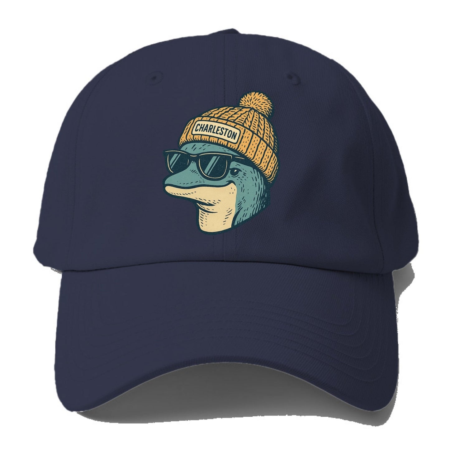 Charleston Dolphin wearing Charleston beanie with pom pom and wayfarer sunglasses - Baseball Cap