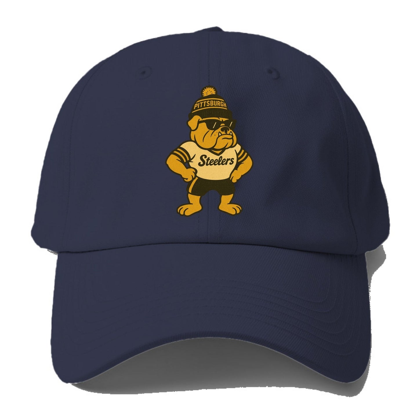 Pittsburgh Bulldog wearing Steelers black and gold beanie with pom pom and wayfarer - Baseball Cap