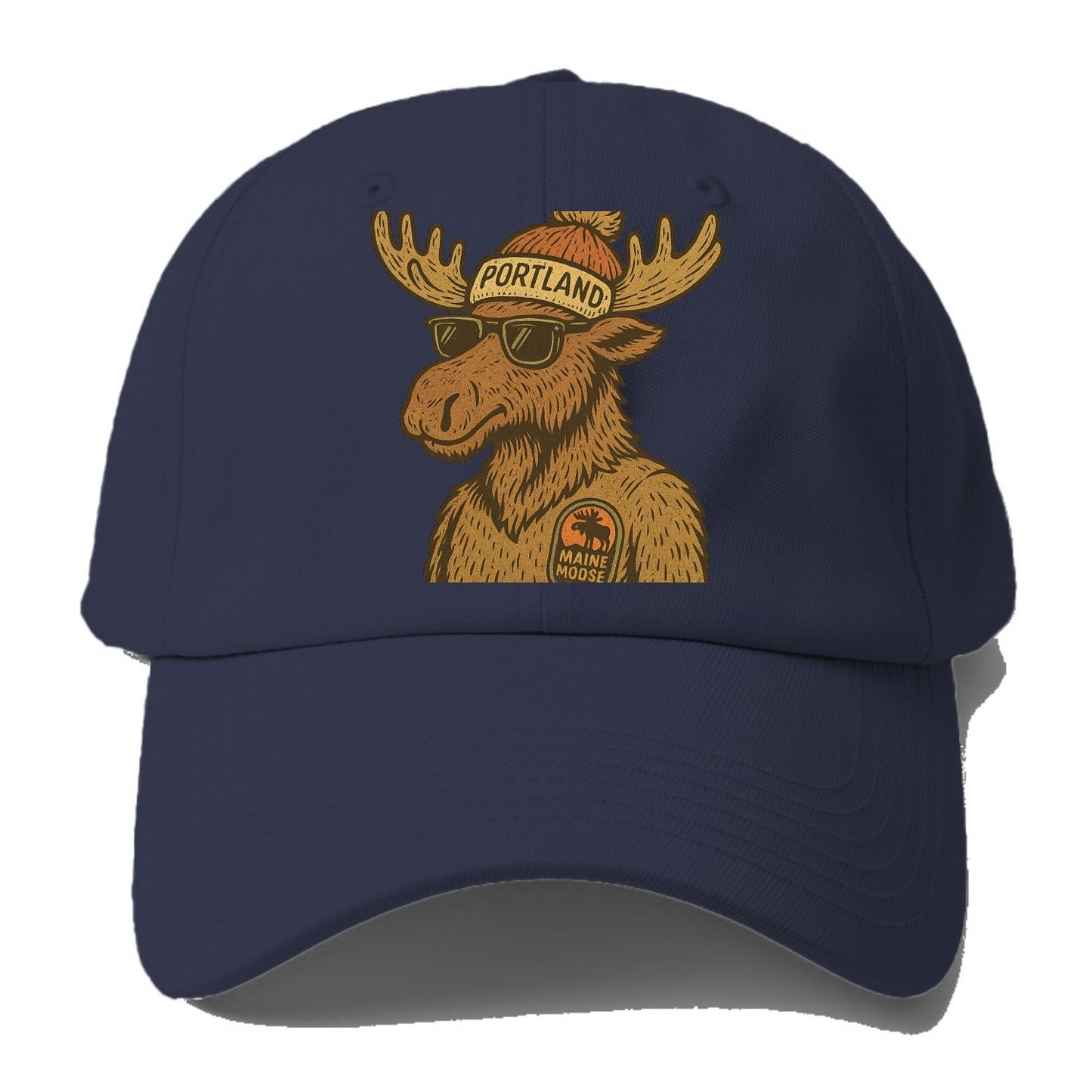 Maine Moose wearing Portland beanie with pom pom and wayfarer sunglasses - Baseball Cap