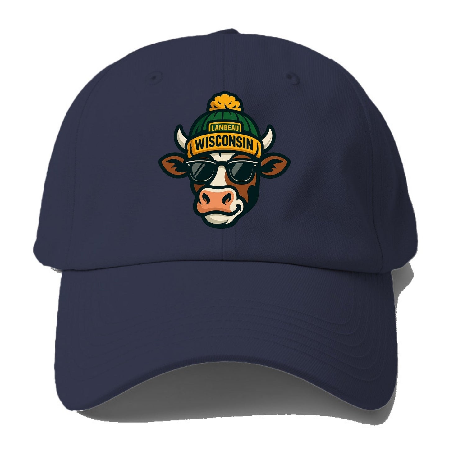 Wisconsin Cow wearing Packers beanie with Lambeau patch and wayfarer sunglasses - Baseball Cap