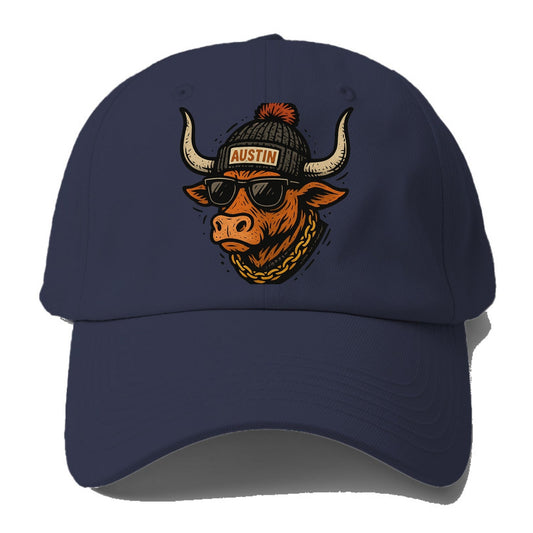 Texas Longhorn wearing Austin beanie with pom pom and wayfarer sunglasses - Baseball Cap