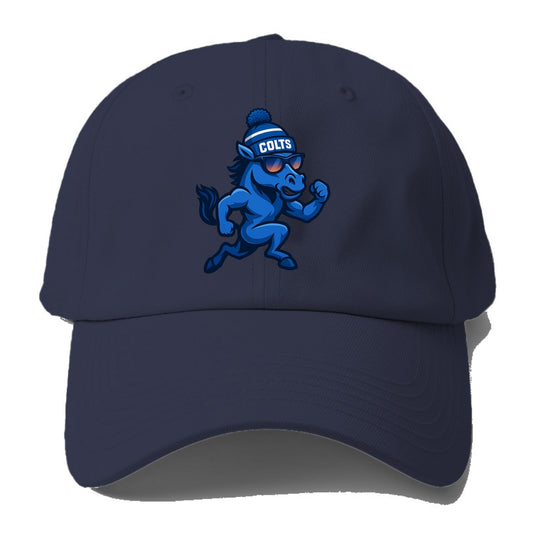 Indianapolis Colt Horse wearing Colts blue and white beanie with pom pom and - Baseball Cap