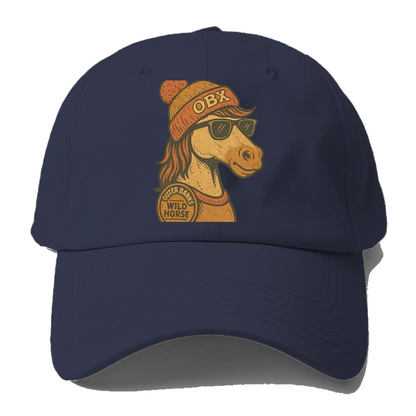 Outer Banks Wild Horse wearing OBX beanie with pom pom and wayfarer sunglasses - Baseball Cap