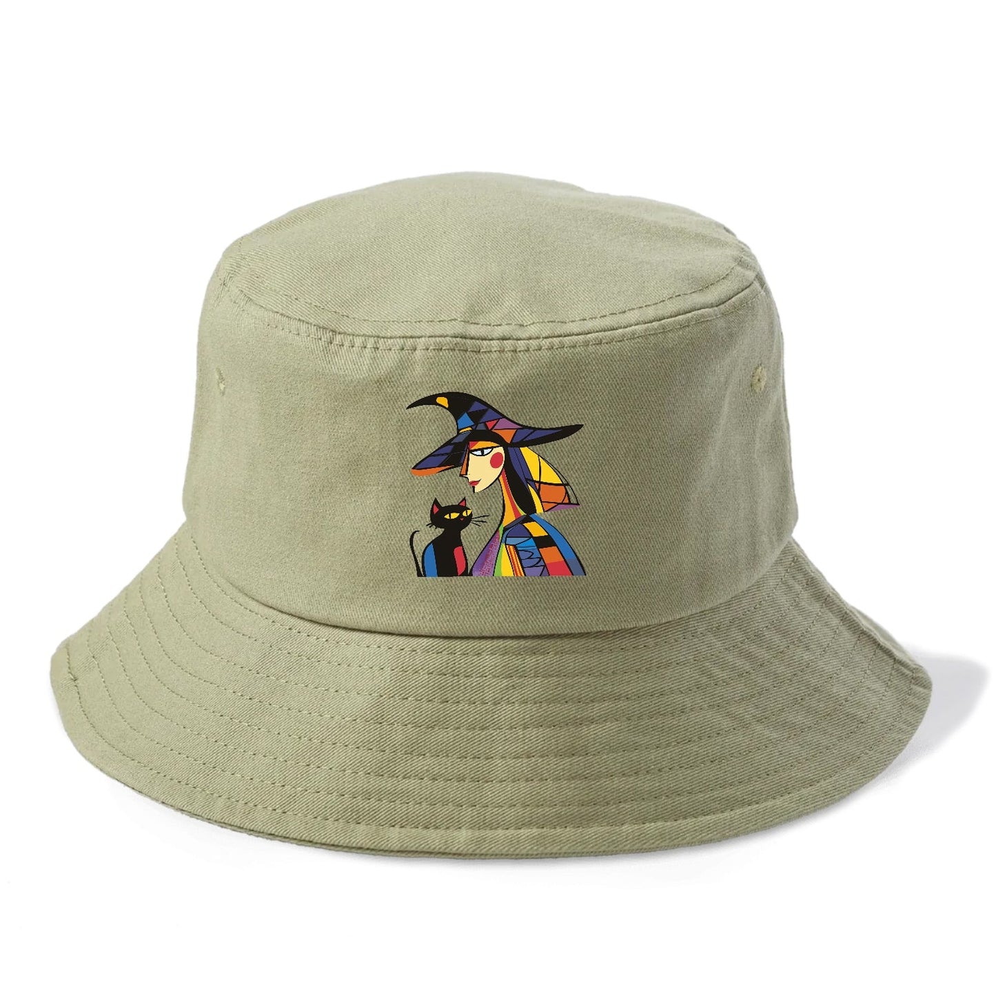 Stylized Witch With Cat Bucket Hat