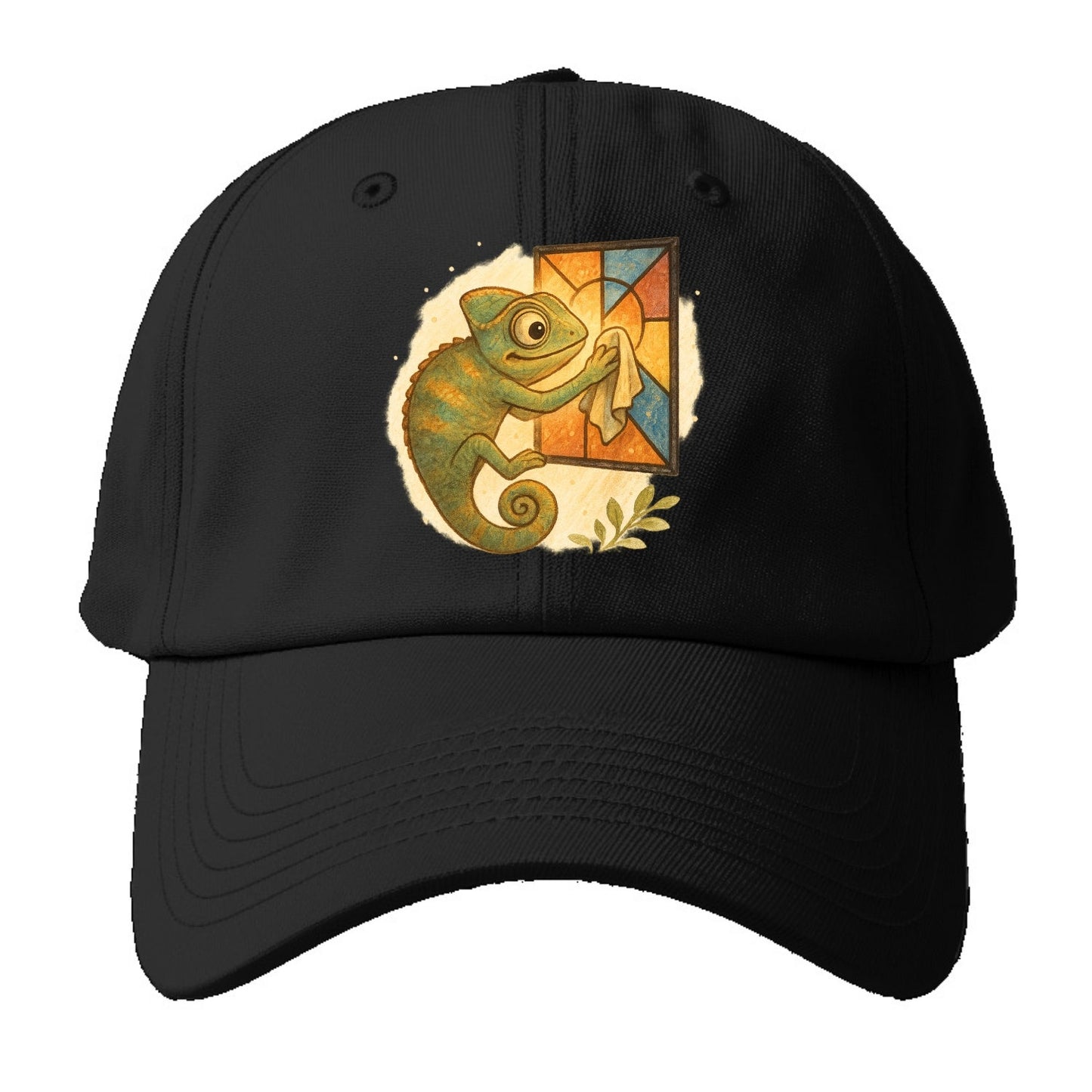 Chameleon blending into a stained-glass window it is polishing with delicate cloths - Baseball Cap