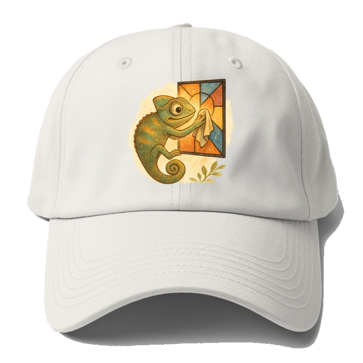 Chameleon blending into a stained-glass window it is polishing with delicate cloths - Baseball Cap