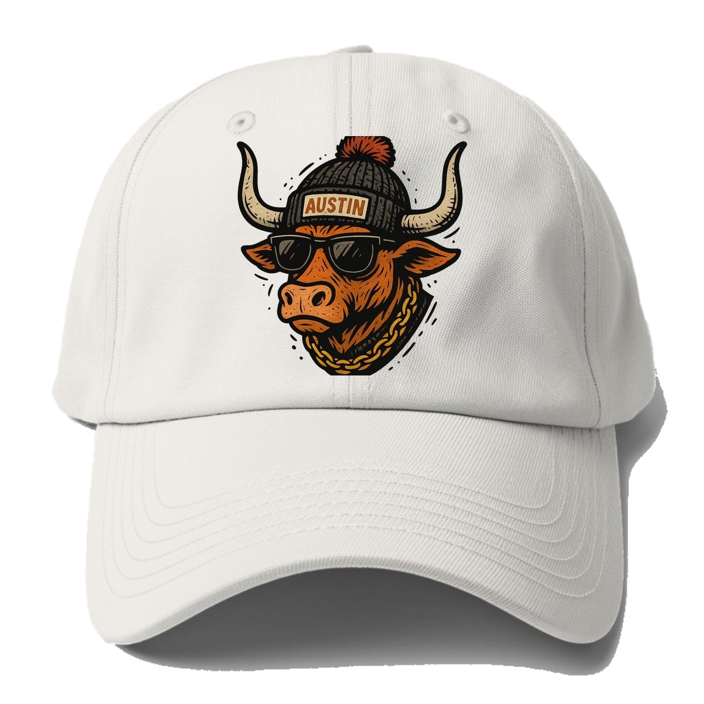 Texas Longhorn wearing Austin beanie with pom pom and wayfarer sunglasses - Baseball Cap