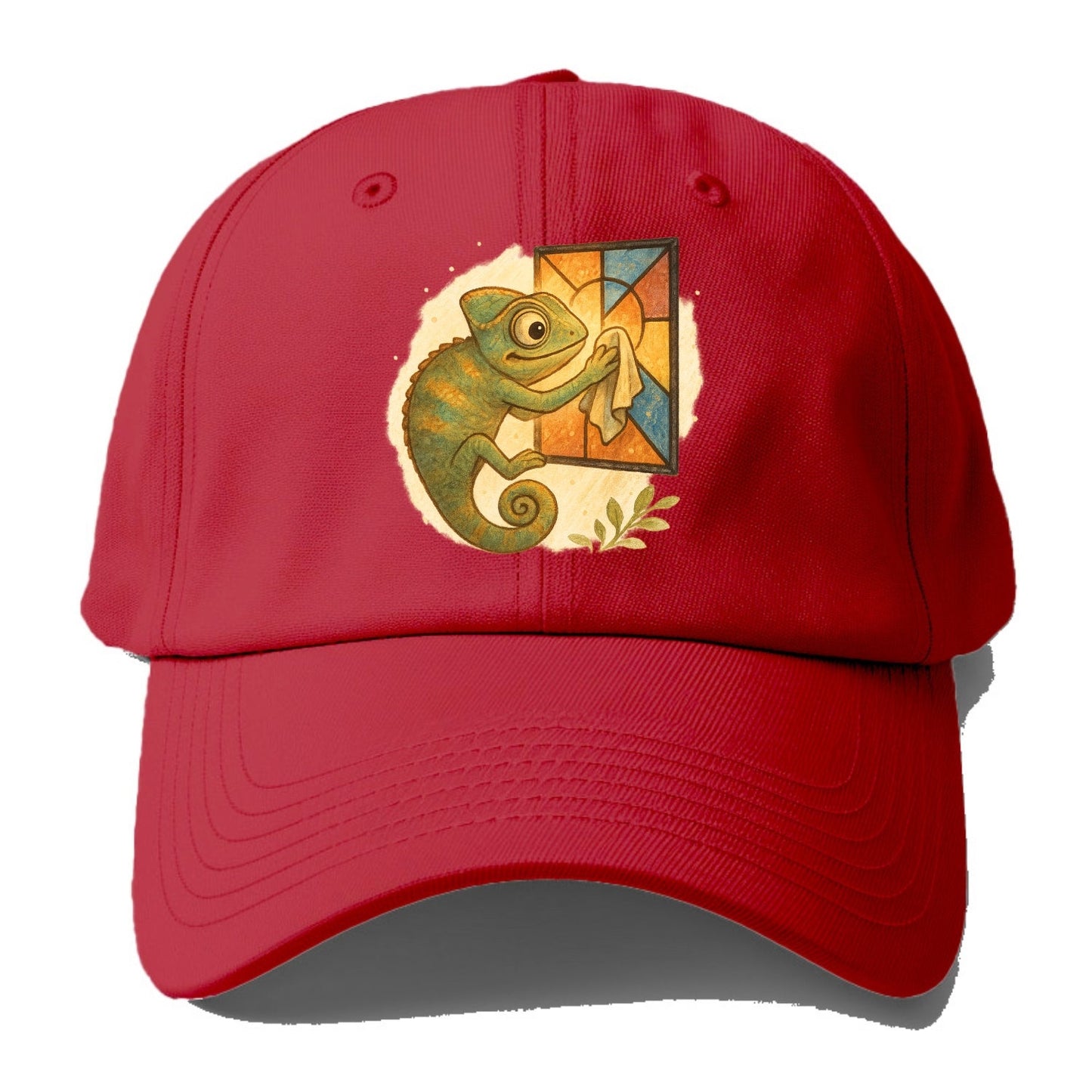Chameleon blending into a stained-glass window it is polishing with delicate cloths - Baseball Cap