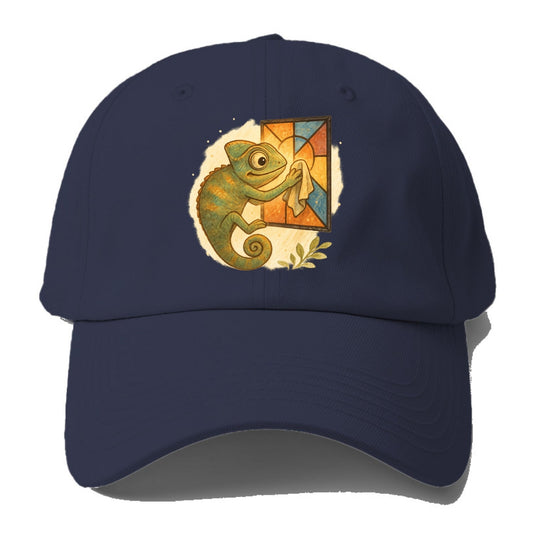 Chameleon blending into a stained-glass window it is polishing with delicate cloths - Baseball Cap